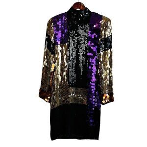 CEDARS VINTAGE SILK SEQUIN PARTY DRESS SIZE 4 Gold Purple Mini Long Sleeve 80s
